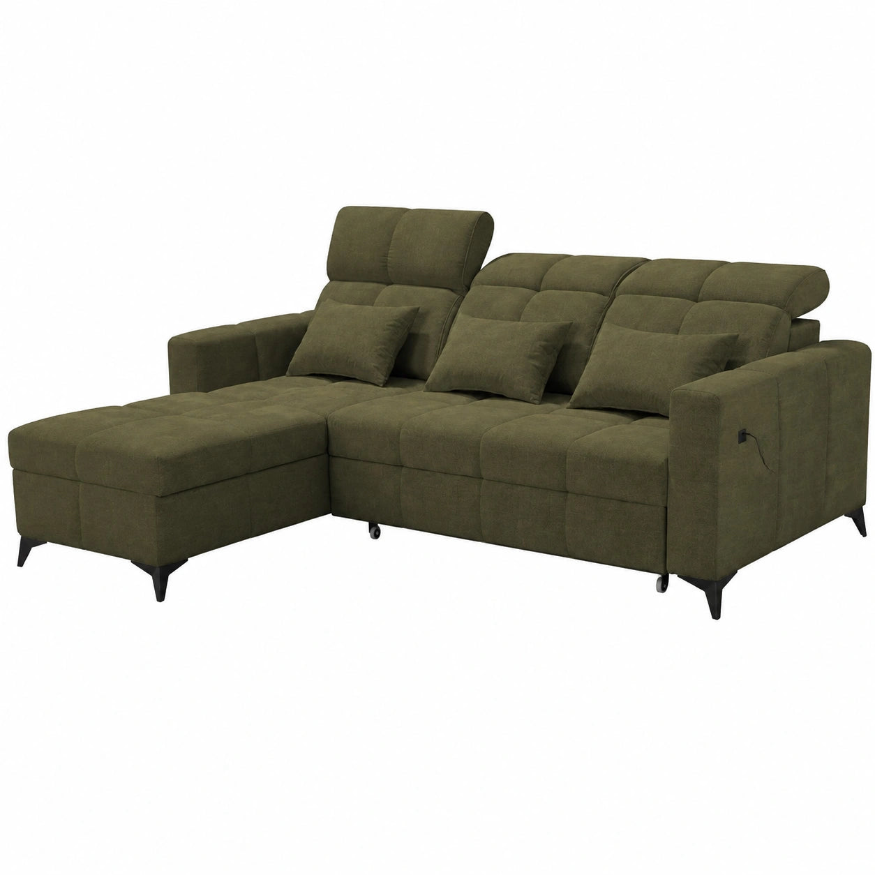 Modernes Ecksofa Inez mit Bettfunktion und USB-Anschluss, L-Form Couch mit verstellbaren Kopfstützen
