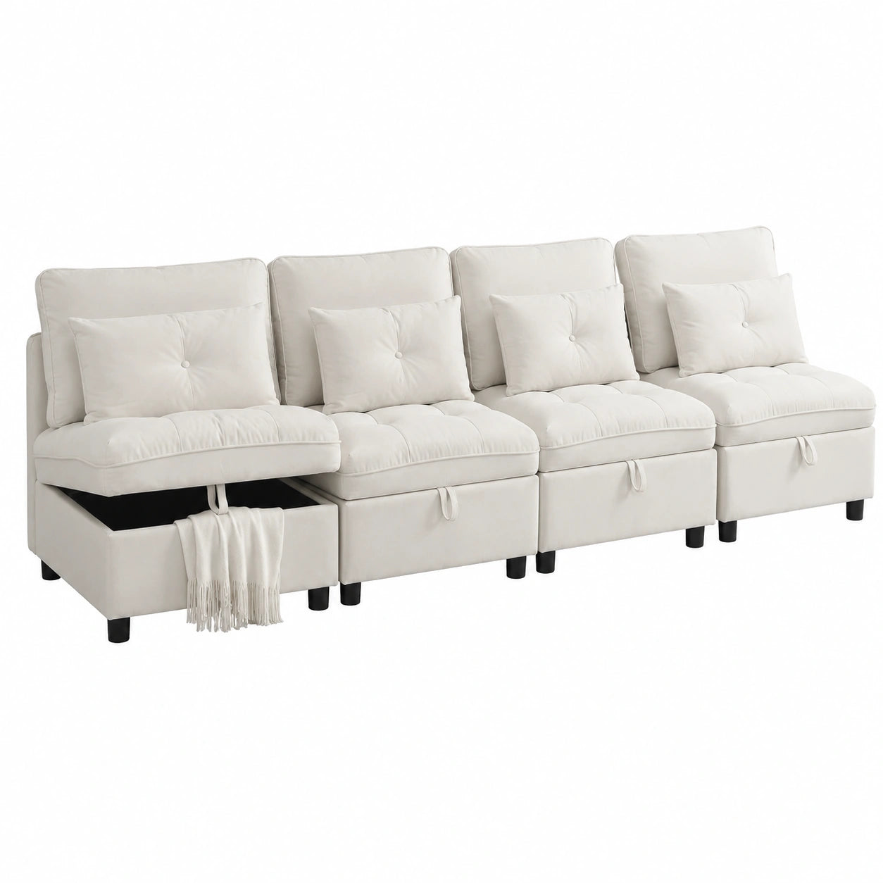 Merax Modulsofa für 4 Personen mit Stauraum und Schlaffunktion, Chenille-Bezug, Beige