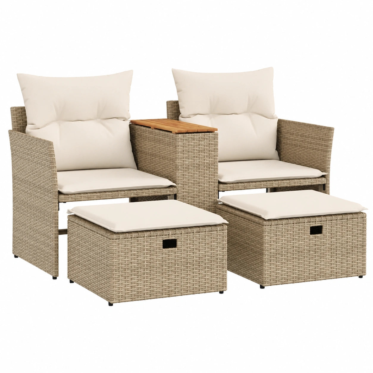 2-Sitzer Gartensofa aus PE-Rattan mit Hockern, Beige, Modular, Ideal für Balkon und Outdoor, 142 x 62 x 69 cm