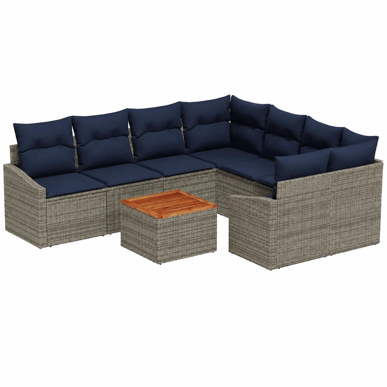 Modernes Poly-Rattan Gartensofa-Set, 9-teilig, Grau und Marineblau – UV-beständige Terrassenmöbel