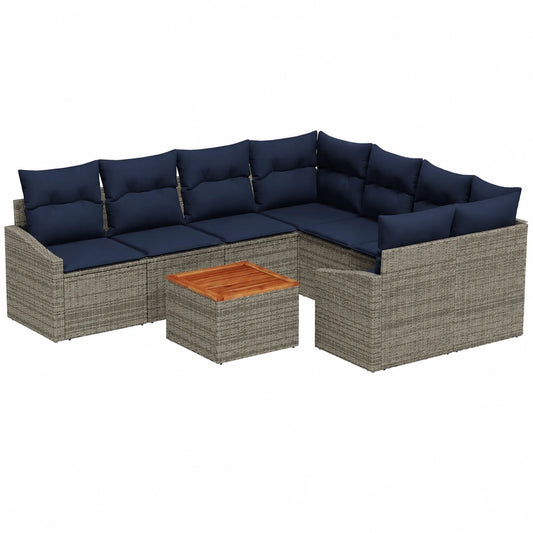 Modernes Poly-Rattan Gartensofa-Set, 9-teilig, Grau und Marineblau – UV-beständige Terrassenmöbel