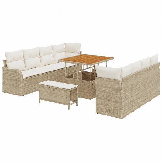Modulares Garten-Sofa-Set mit Kissen, 11-teilig, Beige und Creme, Rattan und Akazienholz, Outdoor-Lounge
