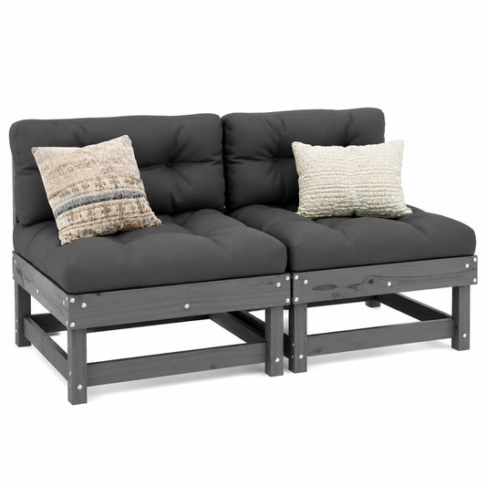 2er Set Garten-Mittelsofas aus Kiefernholz, Grau, Robust für Terrasse und Balkon, Outdoor-Möbel, 61x60,5x62 cm
