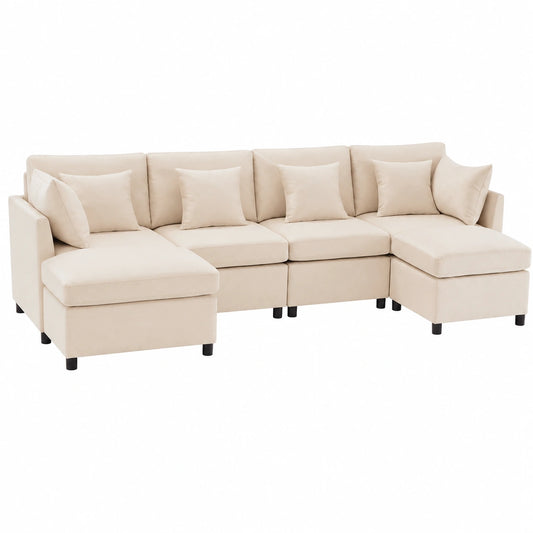 Modulares U-förmiges Sofaset in Beige, Chenille-Stoff, 278x161x81 cm, inklusive Hocker und 8 Kissen