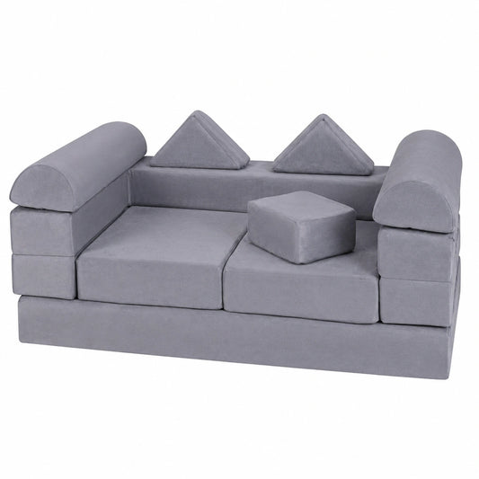 Flexibles Kindersofa Set, 9-teiliges Schaumstoffspielsofa mit weichem Bezug, Modulares Spiel- und Schlafsofa für Kinder (Grau)