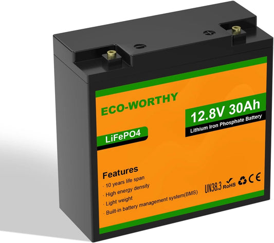 Akumulator ECO-WORTHY LiFePO4 BMS 25, 30 Ah, 12 V, kolor pomarańczowy i szary