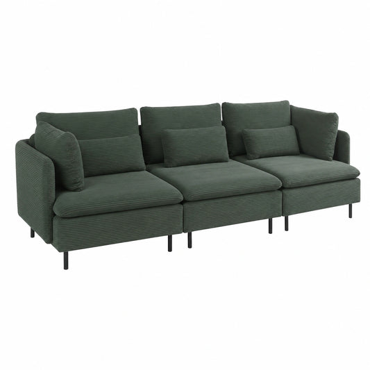 Modulares 3-Sitzer-Sofa aus Cord in Dunkelgrün mit schmalen Armlehnen und Kissen
