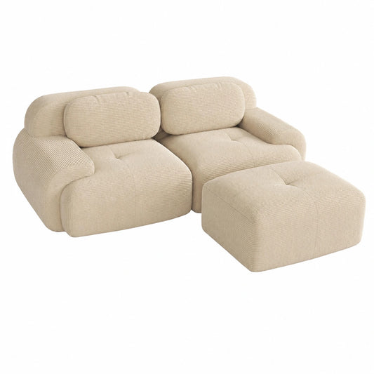 Beige L-förmiges Ecksofa aus Cord mit Kaltschaum und rutschfester Unterseite